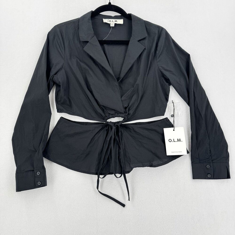 O.L.M. NWT Black Cutout O-Ring Tie Front Blouse L Long Sleeve Y2K Corsetcore